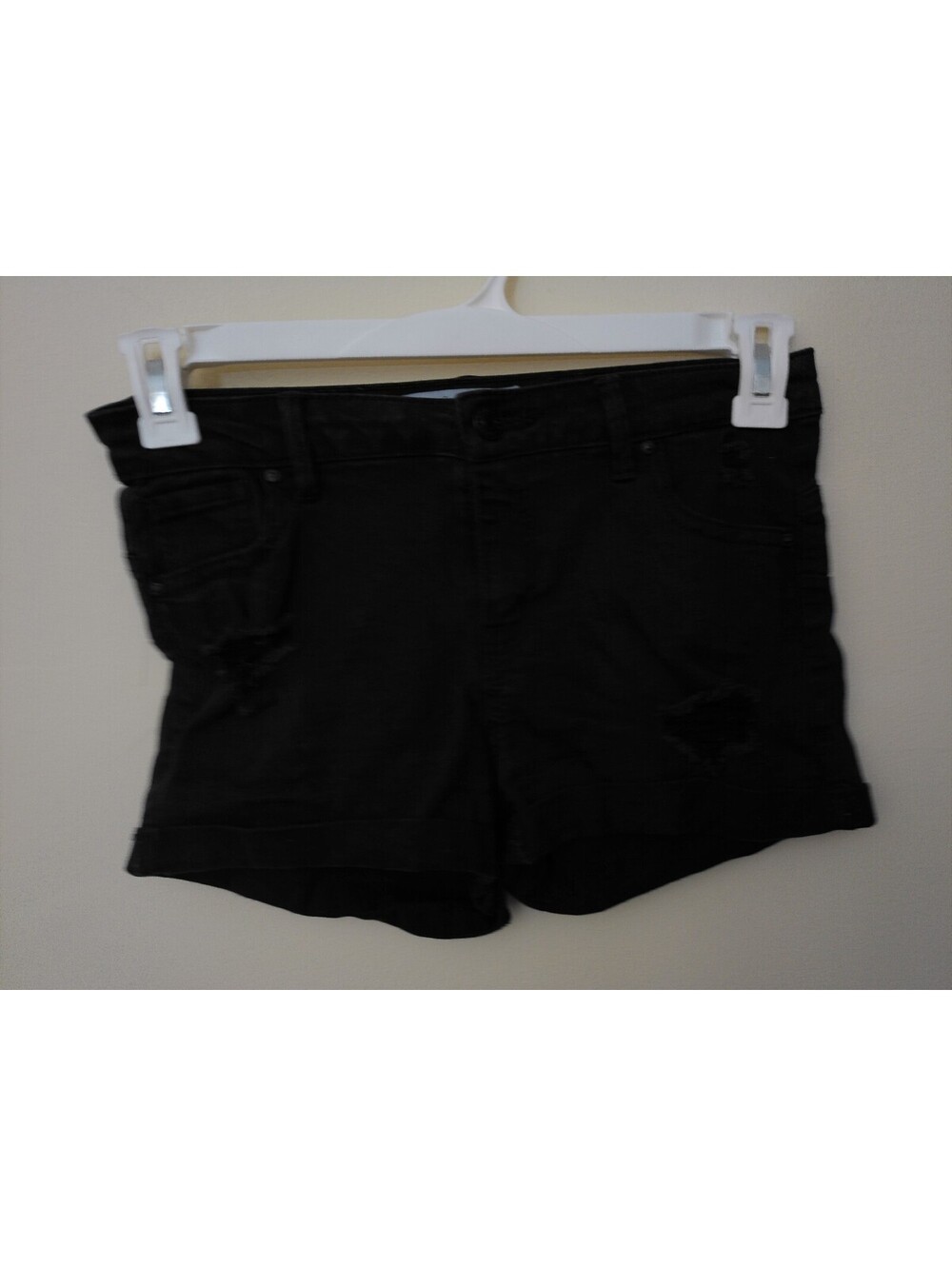 Denim Shorts Womens Black Distressed Ripped Rolled Cuff Mid Rise 5 Pocket 01
